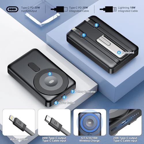 Power Bank 10000mAh Quick Charge 3 in 1 Portable Charger per iPhone 16/15/14/13/12, iPad, Iwatch, Airpods con Cavo Integ