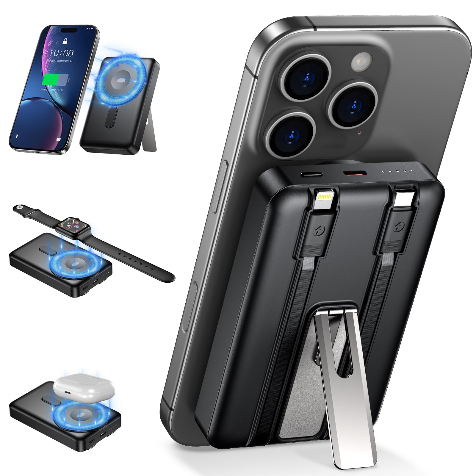 Power Bank 10000mAh Quick Charge 3 in 1 Portable Charger per iPhone 16/15/14/13/12, iPad, Iwatch, Airpods con Cavo Integ